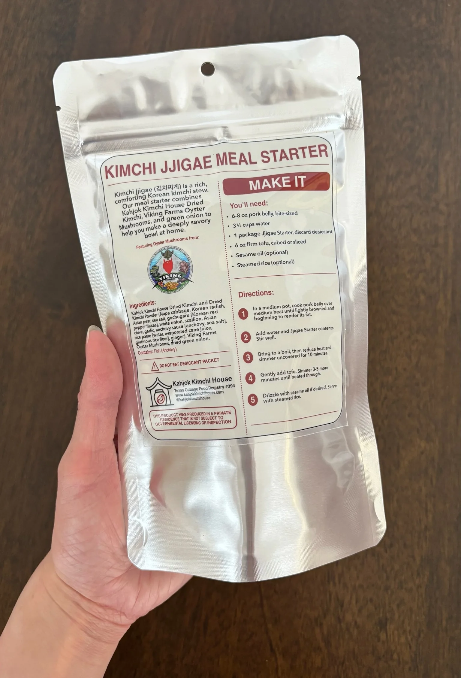Back of the Kimchi Jjigae Meal Starter package showing the printed cooking directions