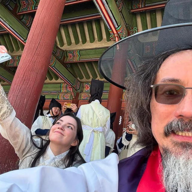 John and Fiona wearing hanbok during their 2025 trip to Korea